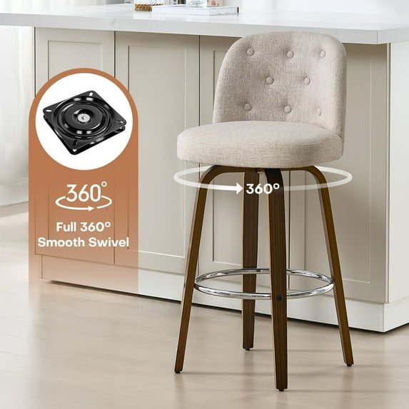 Foreate Swivel Bar Stools Set of 1, 29" Upholstered Linen Fabric with Button-tufted Mid-Back & Wood Legs, Modern Chair Kitchen Pub Island Counter Stool