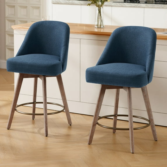 Foreate Swivel Bar Stools Set of 2, 26" Counter Height, Upholstered Linen Fabric Large Seat with Mid-Back & Wood Legs, Modern Chair Island Stool for Kitchen Pub, Blue