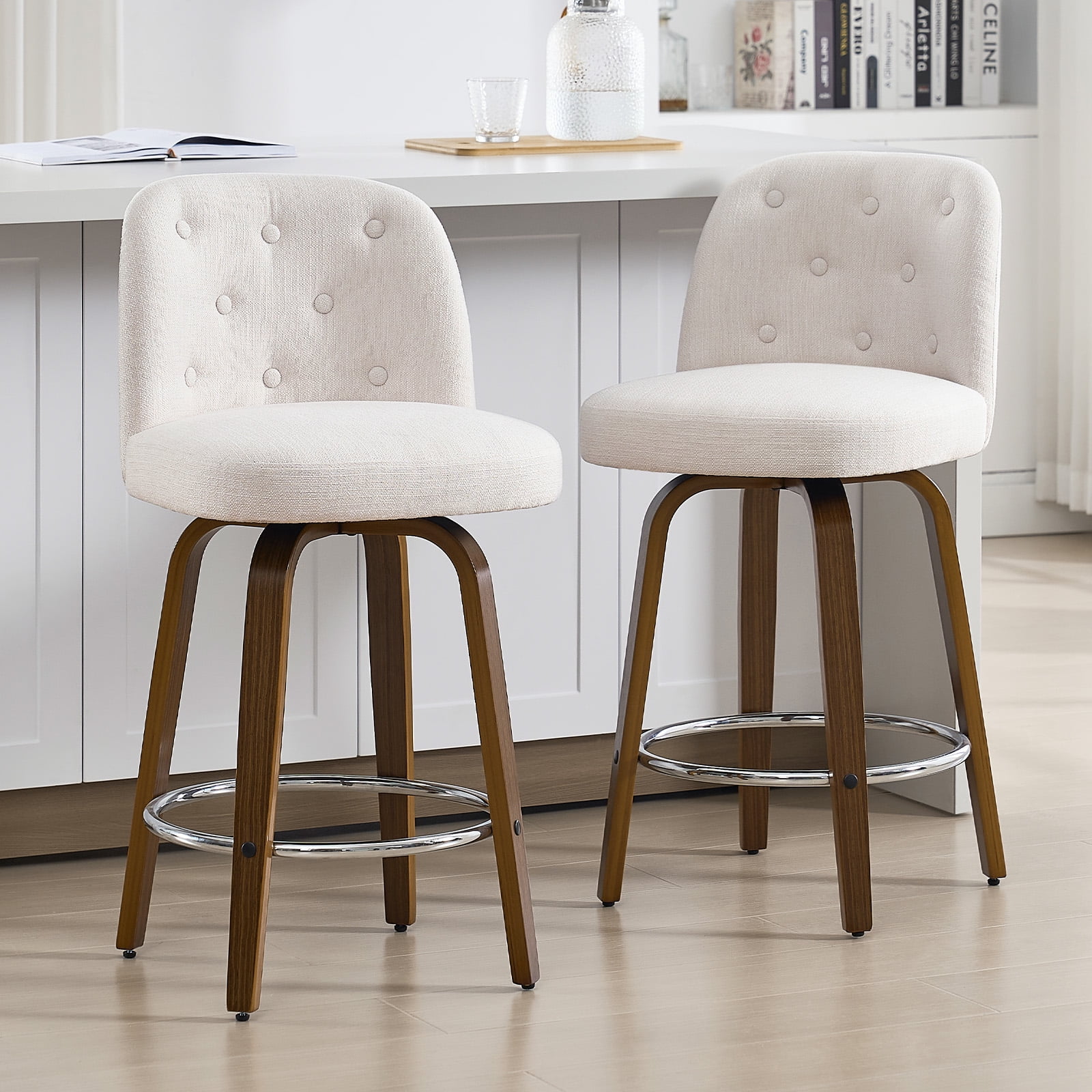 Foreate Swivel Bar Stools Set of 2, 26" Upholstered Linen Fabric with Button-tufted Mid-Back & Wood Legs, Modern Chair Kitchen Pub Island Counter Stool