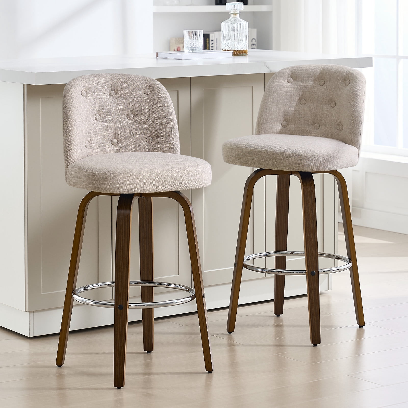 Foreate Swivel Bar Stools Set of 2, 29" Upholstered Linen Fabric with Button-tufted Mid-Back & Wood Legs, Modern Chair Kitchen Pub Island Counter Stool