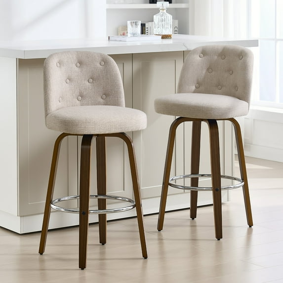 Foreate Swivel Bar Stools Set of 2, 29" Upholstered Linen Fabric with Button-tufted Mid-Back & Wood Legs, Modern Chair Kitchen Pub Island Counter Stool