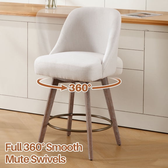 Foreate Swivel Bar Stools Set of 1, 26" Counter Height, Upholstered Linen Fabric with Mid-Back & Wood Legs, Modern Chair Island Stool for Kitchen Pub, Off White