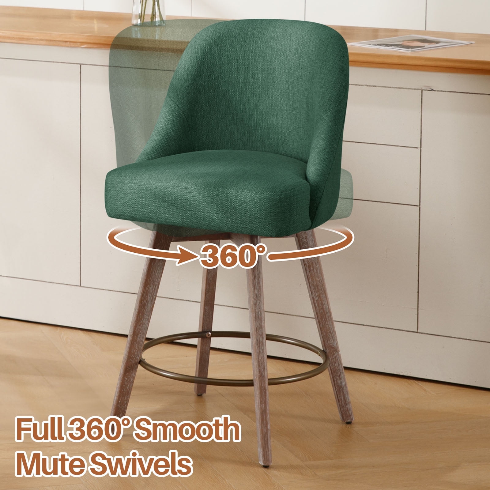 Foreate Swivel Bar Stools Set of 1, 26" Counter Height, Upholstered Linen Fabric with Mid-Back & Wood Legs, Modern Chair Island Stool for Kitchen Pub, Green