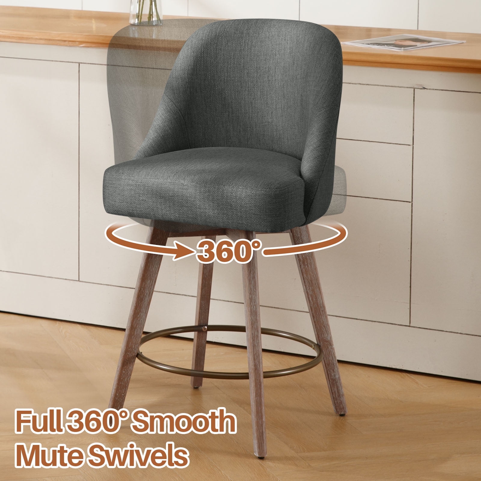 Foreate Swivel Bar Stools Set of 1, 26" Counter Height, Upholstered Linen Fabric with Mid-Back & Wood Legs, Modern Chair Island Stool for Kitchen Pub, Gray