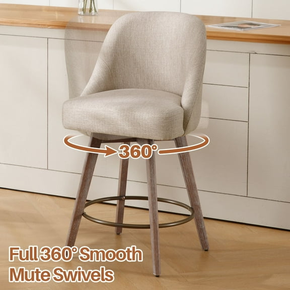 Foreate Swivel Bar Stools Set of 1, 26" Counter Height, Upholstered Linen Fabric with Mid-Back & Wood Legs, Modern Chair Island Stool for Kitchen Pub, Sand Color