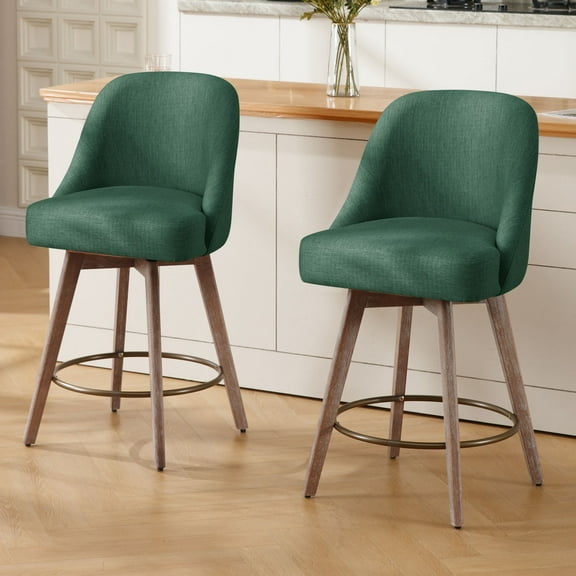 Foreate Swivel Bar Stools Set of 2, 26" Counter Height, Upholstered Linen Fabric with Mid-Back & Wood Legs, Modern Chair Island Stool for Kitchen Pub, Green