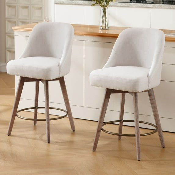 Foreate Swivel Bar Stools Set of 2, 26" Counter Height, Upholstered Linen Fabric with Mid-Back & Wood Legs, Modern Chair Island Stool for Kitchen Pub, Off White