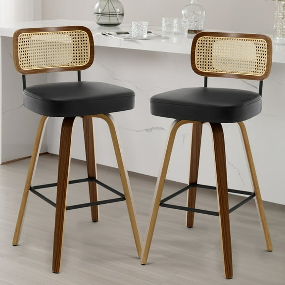 Foreate Swivel PU Bar Stools, Set of 1, 29" Bar Height Upholstered Leather with Rattan Back Wood Legs, Modern Chair Island Counter Stool for Kitchen, Black