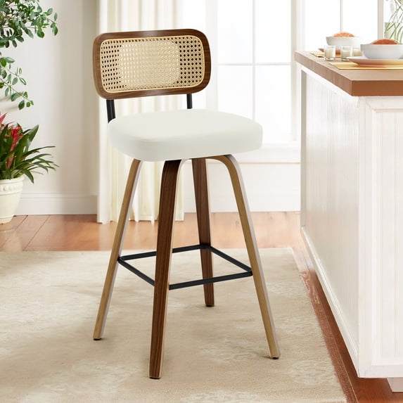 Foreate Swivel PU Bar Stools, Set of 1, 29" Bar Height Upholstered Leather with Rattan Back Wood Legs, Modern Chair Island Counter Stool for Kitchen, Cream White