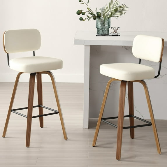 Foreate Swivel PU Bar Stools, Set of 2, 26" Counter Height Upholstered Leather with Rattan Back Wood Legs, Modern Chair Island Stool for Kitchen, Cream White