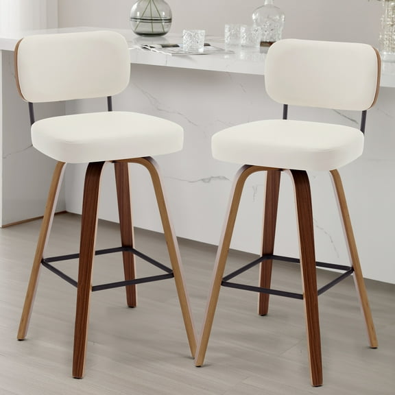 Foreate Swivel PU Bar Stools, Set of 2, 29" Bar Height Upholstered Leather with Mid-Back Wood Legs, Modern Chair Island Counter Stool for Kitchen, Cream White