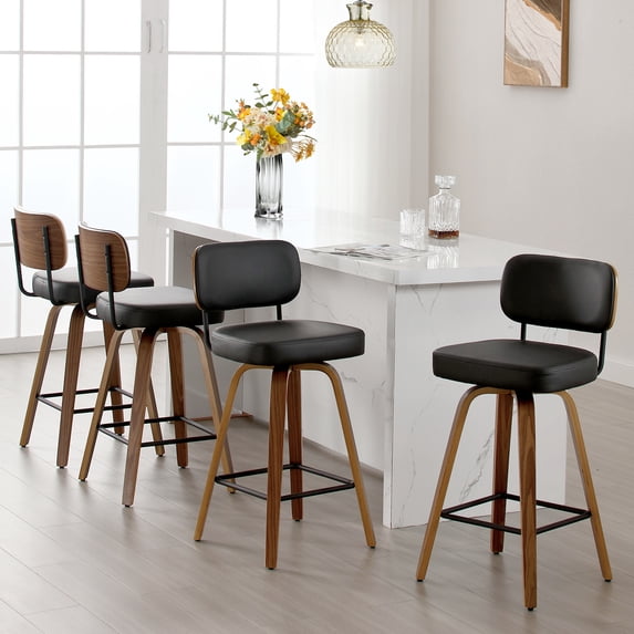 Foreate Swivel PU Bar Stools, Set of 4, 29" Bar Height Upholstered Leather with Mid-Back Wood Legs, Modern Chair Island Counter Stool for Kitchen, Black