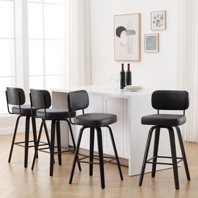 Foreate Swivel PU Bar Stools, Set of 4, 29" Bar Height Upholstered Leather with Rattan Back Wood Legs, Modern Chair Island Counter Stool for Kitchen, Black