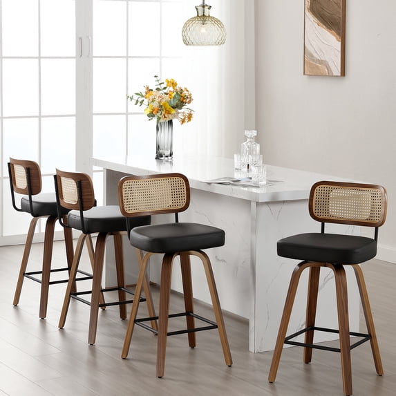 Foreate Swivel PU Bar Stools, Set of 4, 29" Bar Height Upholstered Leather with Rattan Back Wood Legs, Modern Chair Island Counter Stool for Kitchen, Black