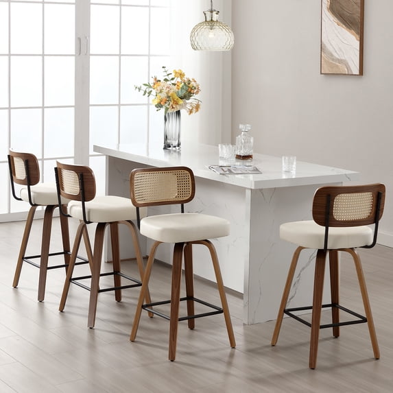 Foreate Swivel PU Bar Stools, Set of 4, 29" Bar Height Upholstered Leather with Rattan Back Wood Legs, Modern Chair Island Counter Stool for Kitchen, Cream White