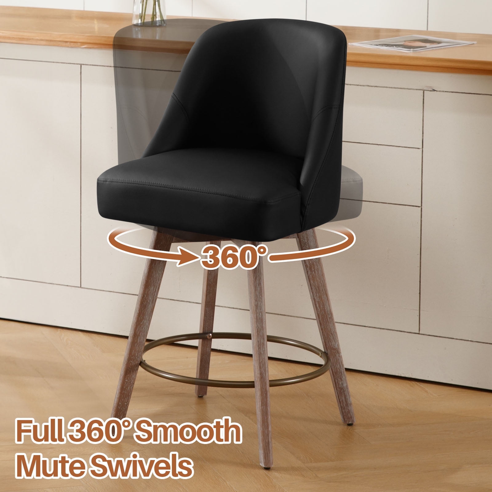Foreate Swivel PU Bar Stools Set of 1, 26" Counter Height, Uholstered Leather with Mid-Back & Wood Legs, Modern Chair Island Stool for Kitchen Pub, Black
