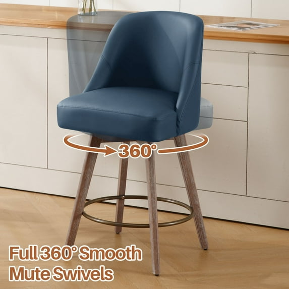 Foreate Swivel PU Bar Stools Set of 1, 26" Counter Height, Uholstered Leather with Mid-Back & Wood Legs, Modern Chair Island Stool for Kitchen Pub