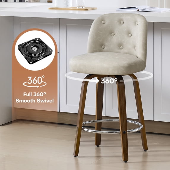Foreate Swivel PU Bar Stools Set of 1, 26" Uholstered Leather with Button-tufted Mid-Back & Wood Legs, Modern Chair Kitchen Pub Island Counter Stool