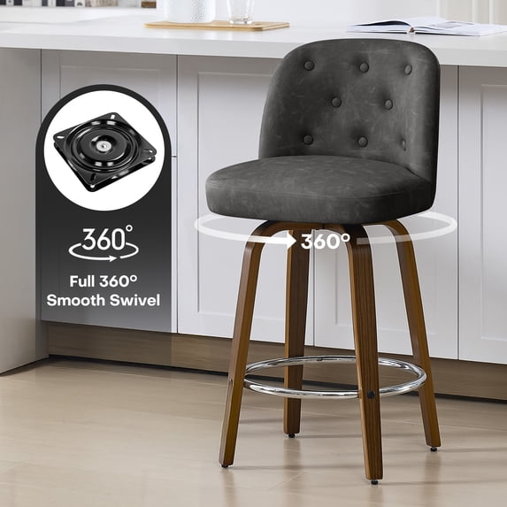 Foreate Swivel PU Bar Stools Set of 1, 26" Uholstered Leather with Button-tufted Mid-Back & Wood Legs, Modern Chair Kitchen Pub Island Counter Stool