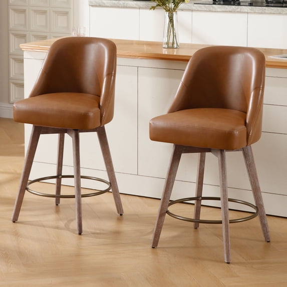 Foreate Swivel PU Bar Stools Set of 2, 26" Counter Height, Uholstered Leather with Mid-Back & Wood Legs, Modern Chair Island Stool for Kitchen Pub, Brown