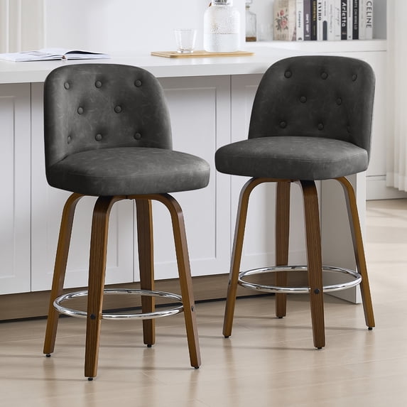 Foreate Swivel PU Bar Stools Set of 2, 26" Uholstered Leather with Button-tufted Mid-Back & Wood Legs, Modern Chair Kitchen Pub Island Counter Stool