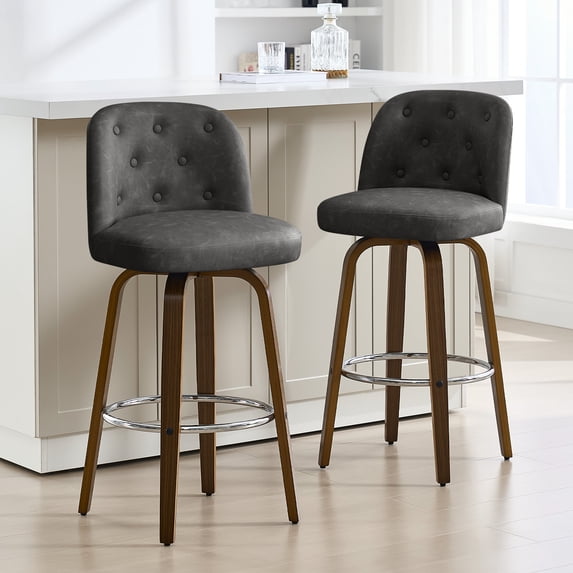 Foreate Swivel PU Bar Stools Set of 2, 29" Uholstered Leather with Button-tufted Mid-Back & Wood Legs, Modern Chair Kitchen Pub Island Counter Stool