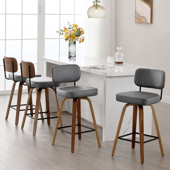 Foreate Swivel PU Bar Stools, Set of 4, 26" Counter Height Upholstered with Leather Mid-Back Wood Legs, Modern Chair Island Stool for Kitchen, Gray