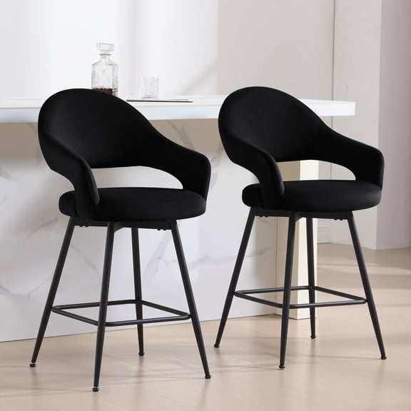Foreate Velvet Swivel Barstools Set of 2, 26" Seat Counter Height w/ Hollow Mid-Back Metal Legs, Upholstered Modern Kitchen Pub Island Stools Bar Chairs