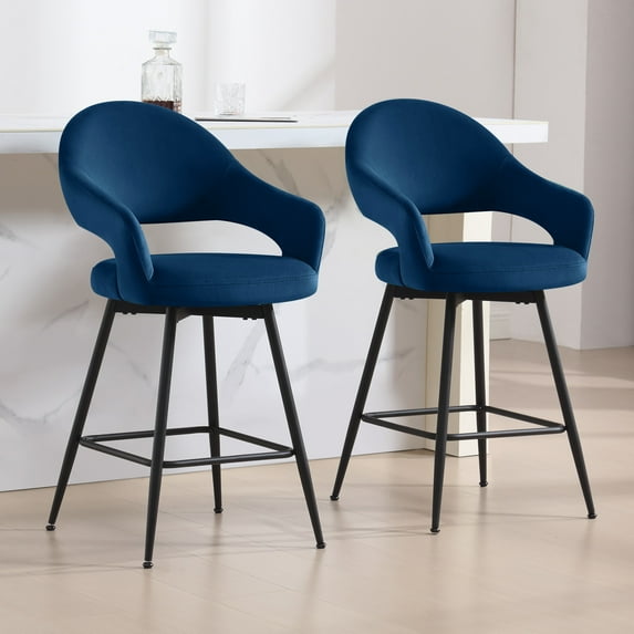 Foreate Velvet Swivel Barstools Set of 2, 26" Seat Counter Height w/ Hollow Mid-Back Metal Legs, Upholstered Modern Kitchen Pub Island Stools Bar Chairs