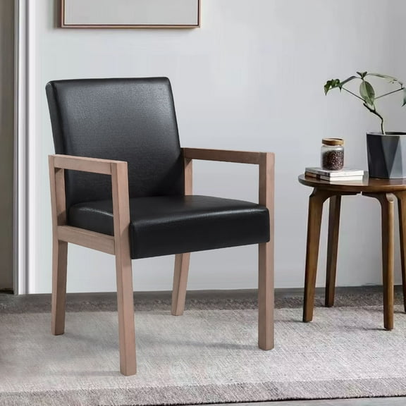 Foreate Vintage Accent Armchair with Rubber Wood Arms Mid-Back, Modern Dining Chairs Upholstered PU Leather for Living Room Office Small Space