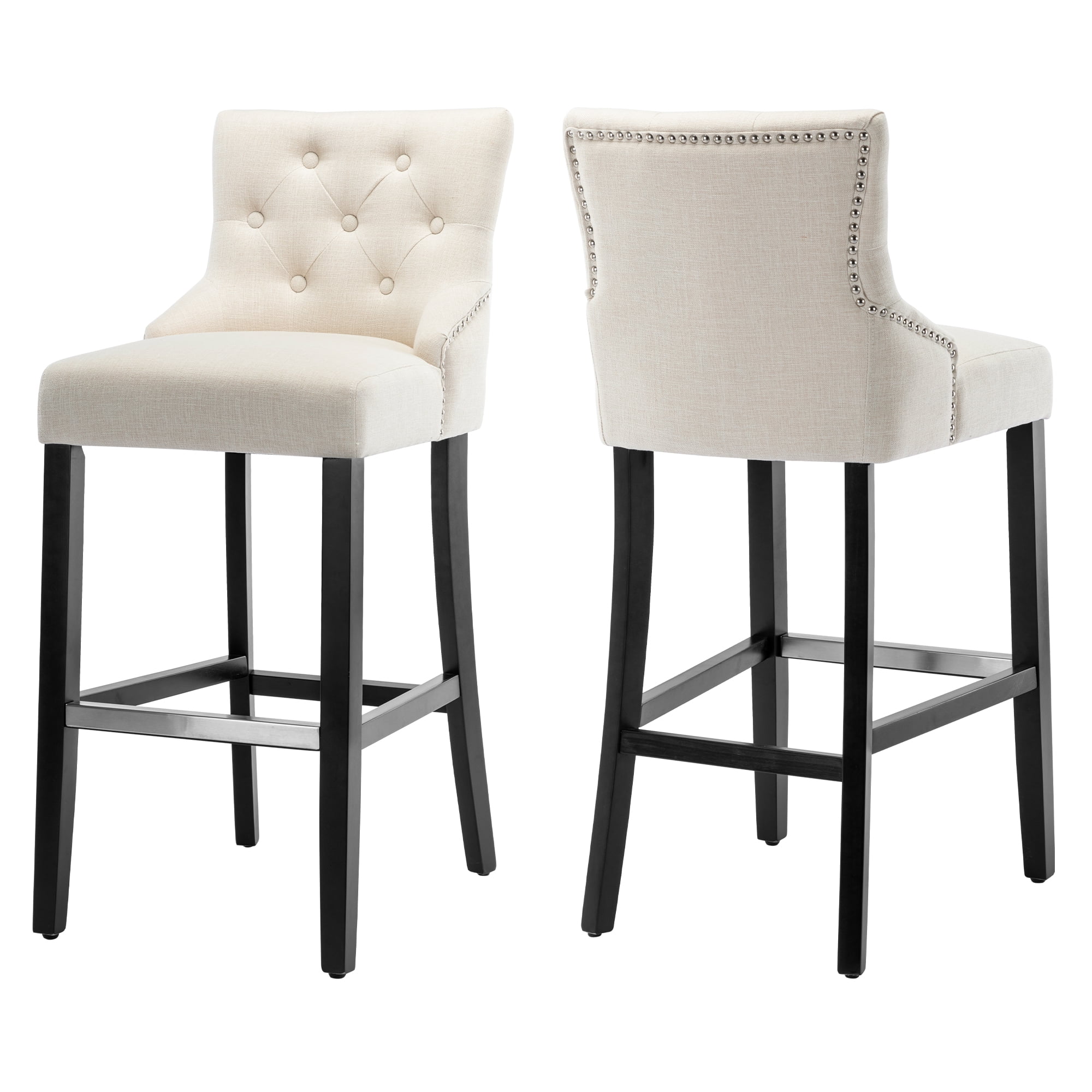 Beige Linen Upholstered 29" Bar Stools with Black Wood Legs, Set of 2