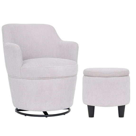 Foredo 360° Swivel Accent Chairs with Multifunctional Ottoman, Modern Comfy Fabric Barrel Living Room Chair, Leisure Bedroom Armchair with Footstool, Gray