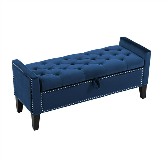 Foredo Contemporary Upholstered Storage Ottoman Bench with Arms, Button Tufted Ottoman with Storage,Velvet Storage Bench for Bedroom, Entryway, Living room, Blue