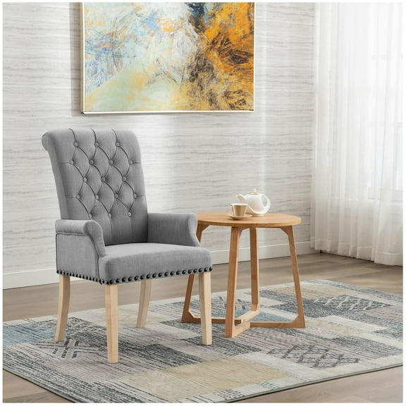 Foredo Elegant Linen Fabric Upholstered Armchair with Solid Wood Legs, Tufted Side Chair for Bedroom Dining Room, Light Gray