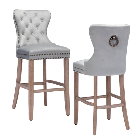 Foredo Elegant Velvet Bar Stools Set of 2, 30" Padded Counter Height Bar Stools with Button and Nailhead Trim, Bar Stool with Tufted Back and Wooden Legs, for Kitchen Dining Room, Light Gray
