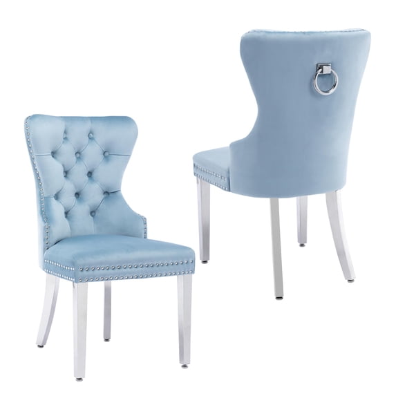 Foredo Elegant Velvet Chairs Set of 2, Modern Upholstered Wingback Chair with Metal Legs and Button Tufting for Dining Room Living Room, Light Blue