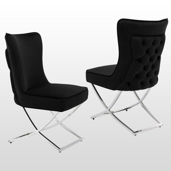Foredo Elegant Velvet Dining Chairs Set of 2, Luxury Upholstered Dining Chair with Metal Legs, X-Legs Tufted Side Chair for Dining Room Living Room, Black