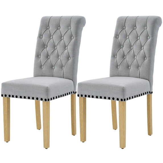 Foredo Fabric Dining Chairs Set of 2, Linen Upholstered Dining Chair with Tufted Back and Solid Wood Legs, Parsons Chair for Living Dining Room, Light Gray