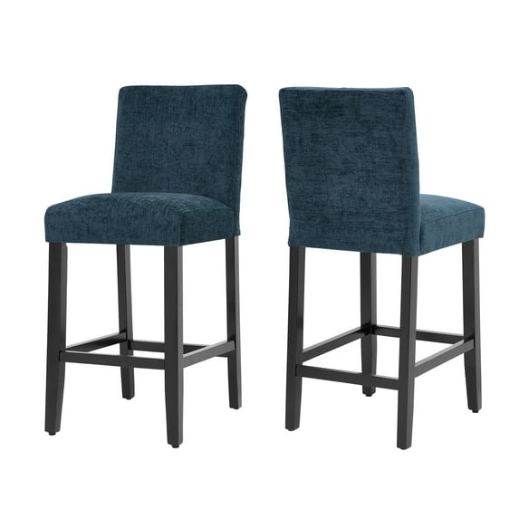 Foredo Faux Leather Bar Stools set of 2, Modern Upholstered Bar Height Bar Chairs, Soild Wood Legs Barstools with Back, Blue