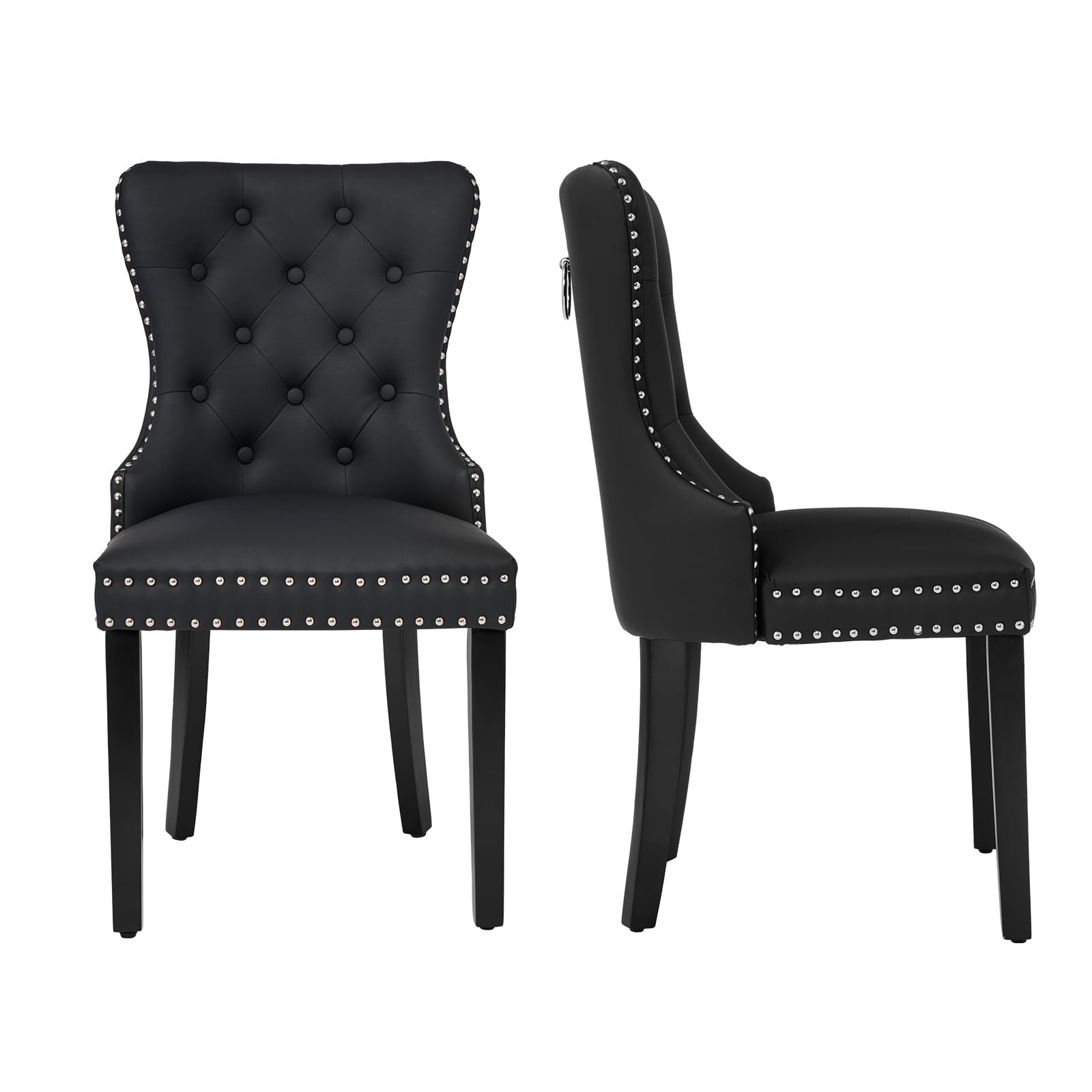 Foredo PU Leather Dining Chairs Set of 2, Tufted Upholstered Dining Room Chair with Pull Ring and Solid Wood Legs, Black
