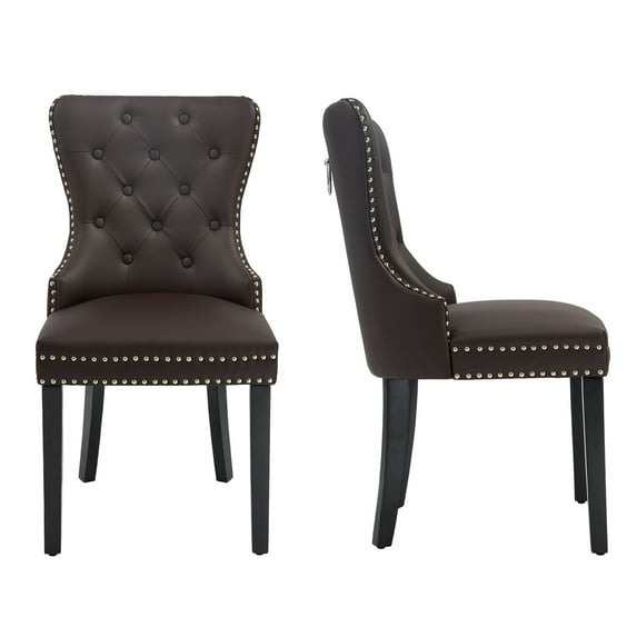 Foredo PU Leather Dining Chairs Set of 2, Tufted Upholstered Dining Room Chair with Pull Ring and Solid Wood Legs, Brown