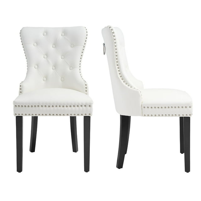 Foredo PU Leather Dining Chairs Set of 2, Tufted Upholstered Dining Room Chair with Pull Ring and Solid Wood Legs, White