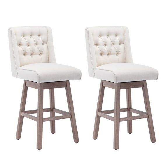 Foredo Swivel Bar Stool with Back Set of 2, Modern Linen Fabric Upholstered Bar Stools with Button Tufted Back and Solid Wood Legs for Kitchen Dining Room, Beige