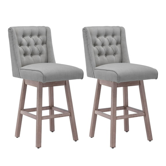 Foredo Swivel Bar Stool with Back Set of 2, Modern Linen Fabric Upholstered Bar Stools with Button Tufted Back and Solid Wood Legs for Kitchen Dining Room, Gray