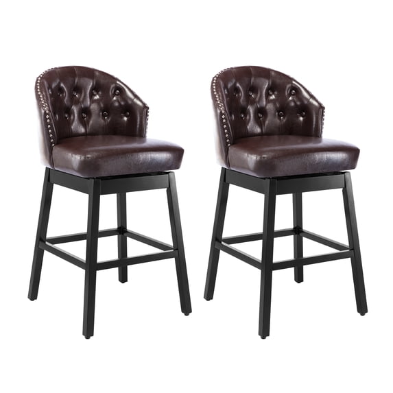 Foredo Swivel Bar Stools with Back Sets of 2, Upholstered PU Bar Stool with Solid Wood Legs and Tufted Button Back, PU Brown