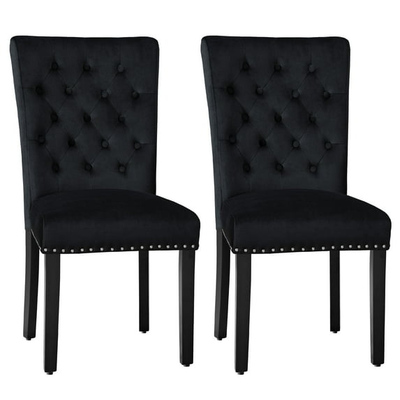 Foredo Velvet Dining Chairs, Modern Upholstered Dining Room Chair, Side Chairs with Button Tufting and Nailhead Trim for Kitchen Dining Room, Set of 2, Black