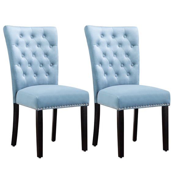 Foredo Velvet Dining Chairs, Modern Upholstered Dining Room Chair, Side Chairs with Button Tufting and Nailhead Trim for Kitchen Dining Room, Set of 2, Light Blue