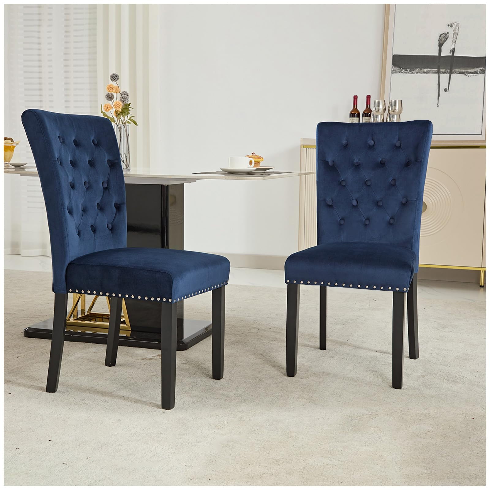 Foredo Velvet Dining Chairs, Modern Upholstered Dining Room Chair, Side Chairs with Button Tufting and Nailhead Trim for Kitchen Dining Room, Set of 2, Blue