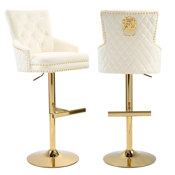 Foredo Velvet Swivel Bar Stools Set of 2, Modern Adjustable Bar Stools with Button Tufting and Pull Ring, Kitchen Counter Square Island Bar Stool, Beige