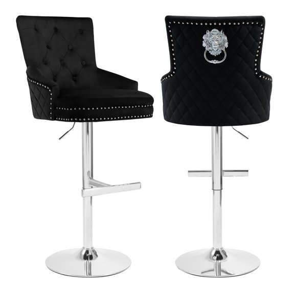 Foredo Velvet Swivel Bar Stools Set of 2, Modern Adjustable Bar Stools with Button Tufting and Pull Ring, Kitchen Counter Square Island Bar Stool, Black